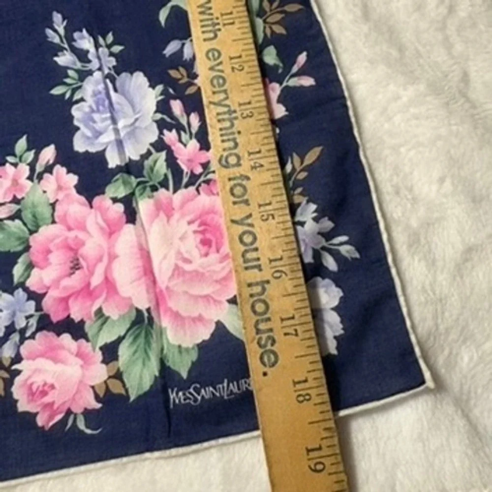 Vtg YVES SAINT LAURENT Scarf Handkerchief Floral Navy Blue Pink 18.5